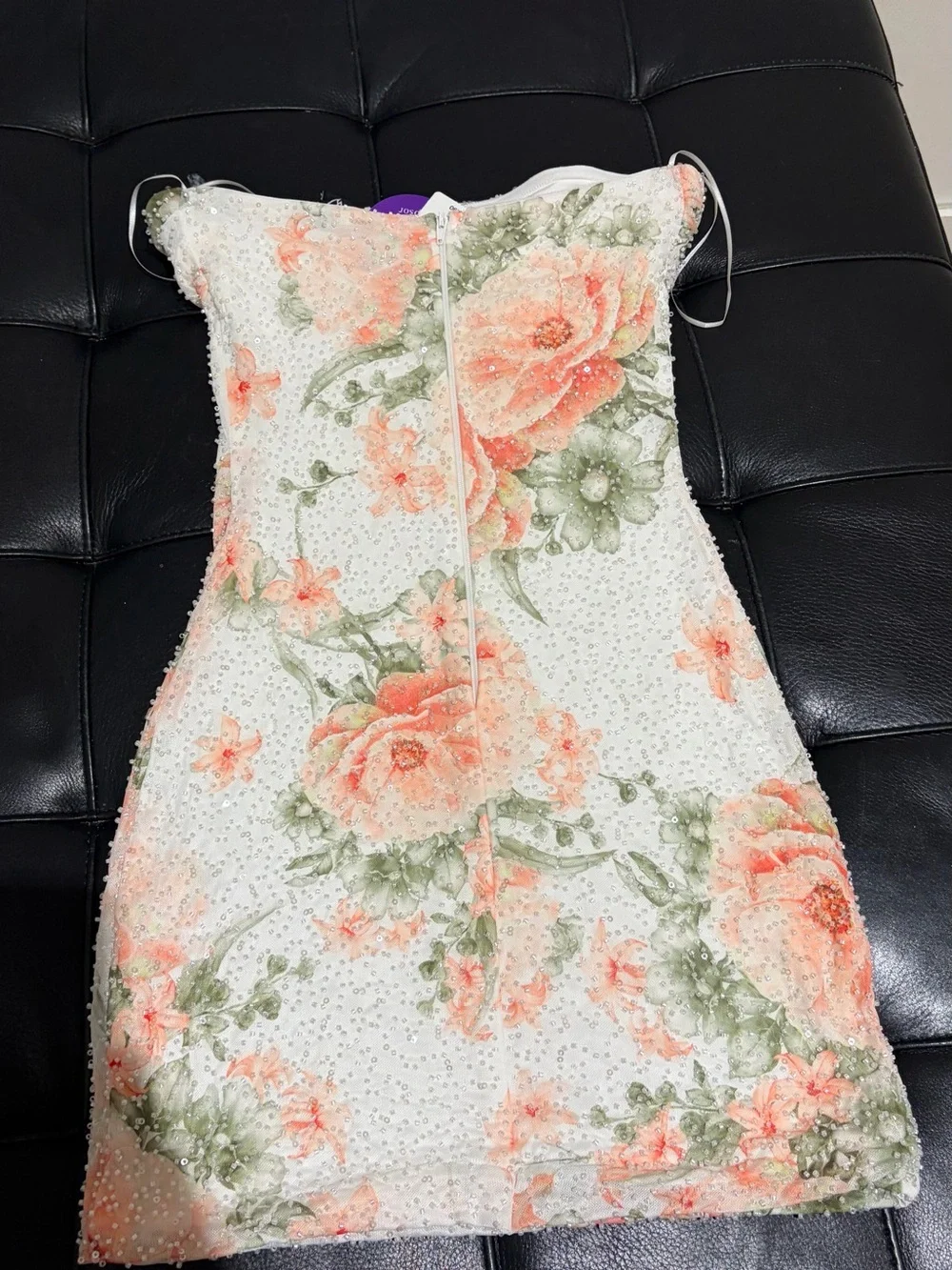 Windsor Strapless Floral Beaded Mini Dress in White, Peach & Green